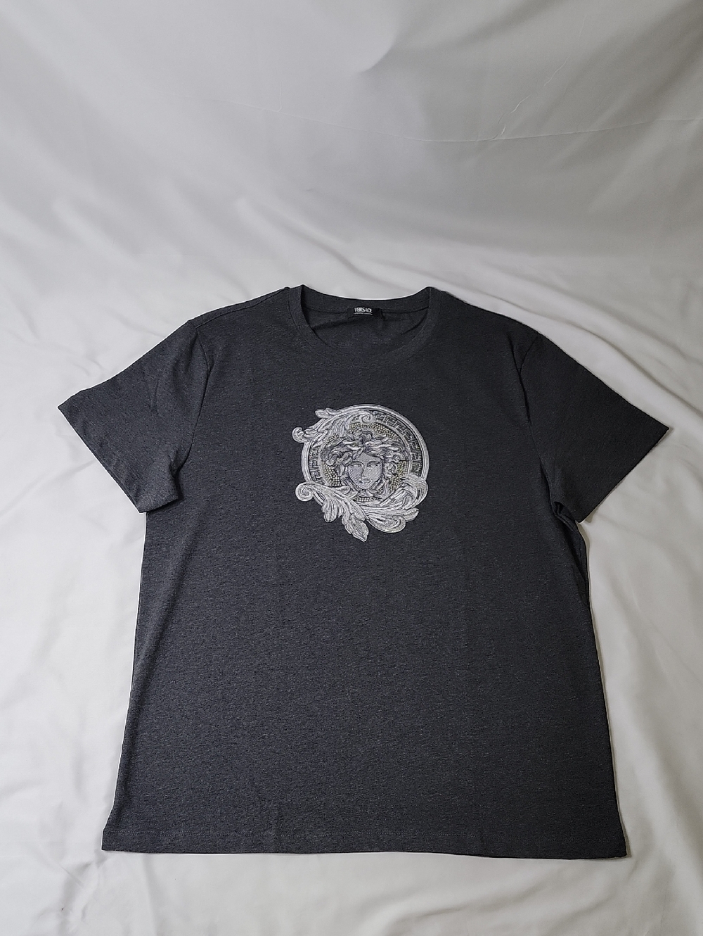 Versace Dark Gray Crewneck T-Shirt with Silver Medusa Emblem